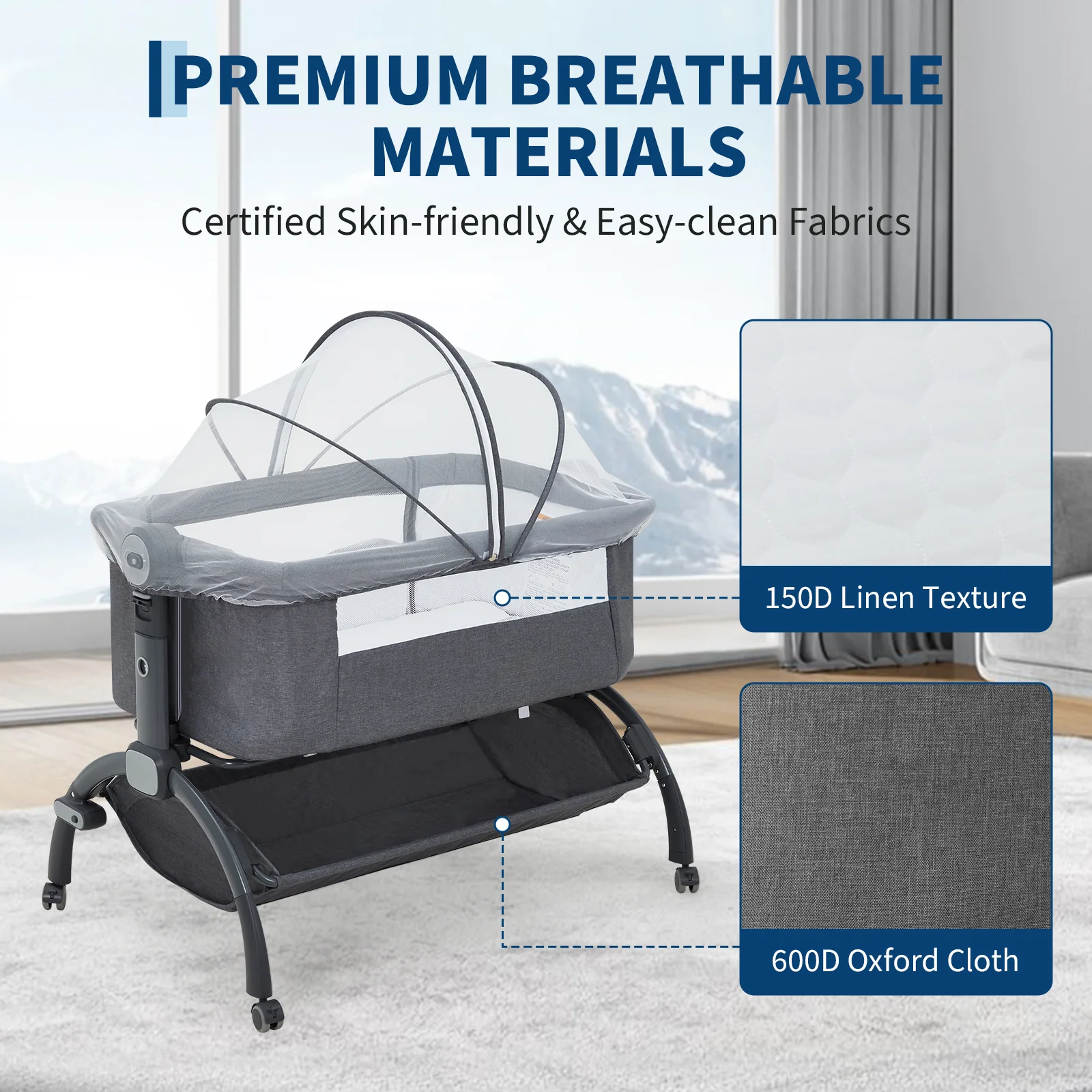 Garvee 3-in-1 Adjustable Bedside Baby Bassinet with Breathable Mesh, Wheels, Detachable Mosquito Net, Storage Basket and Collapsible Side for Newborns, Dark Grey - Image 3