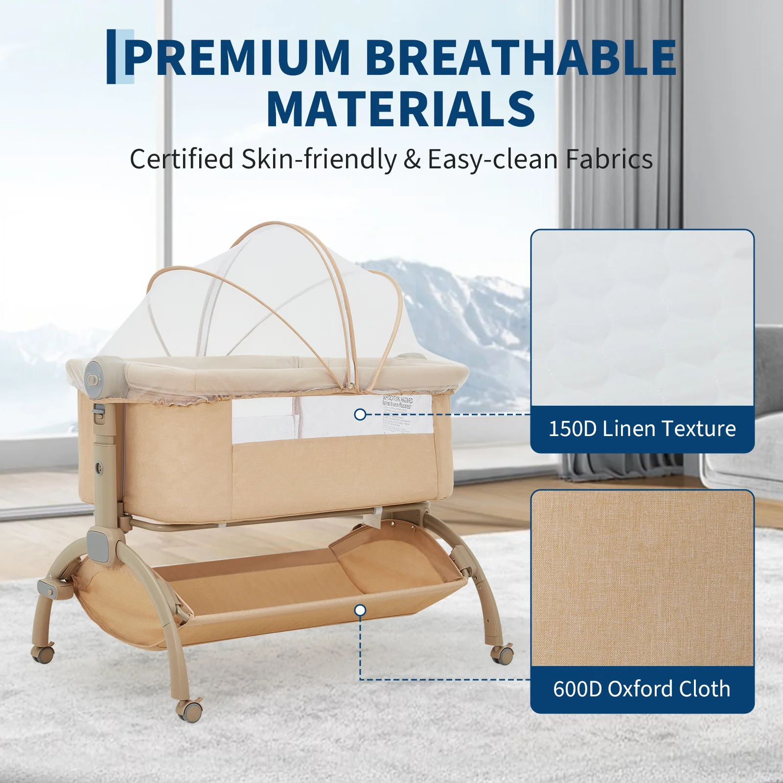 Garvee 3-in-1 Adjustable Bedside Baby Bassinet with Breathable Mesh, Wheels, Detachable Mosquito Net, Storage Basket and Collapsible Side for Newborns, Khaki - Image 3