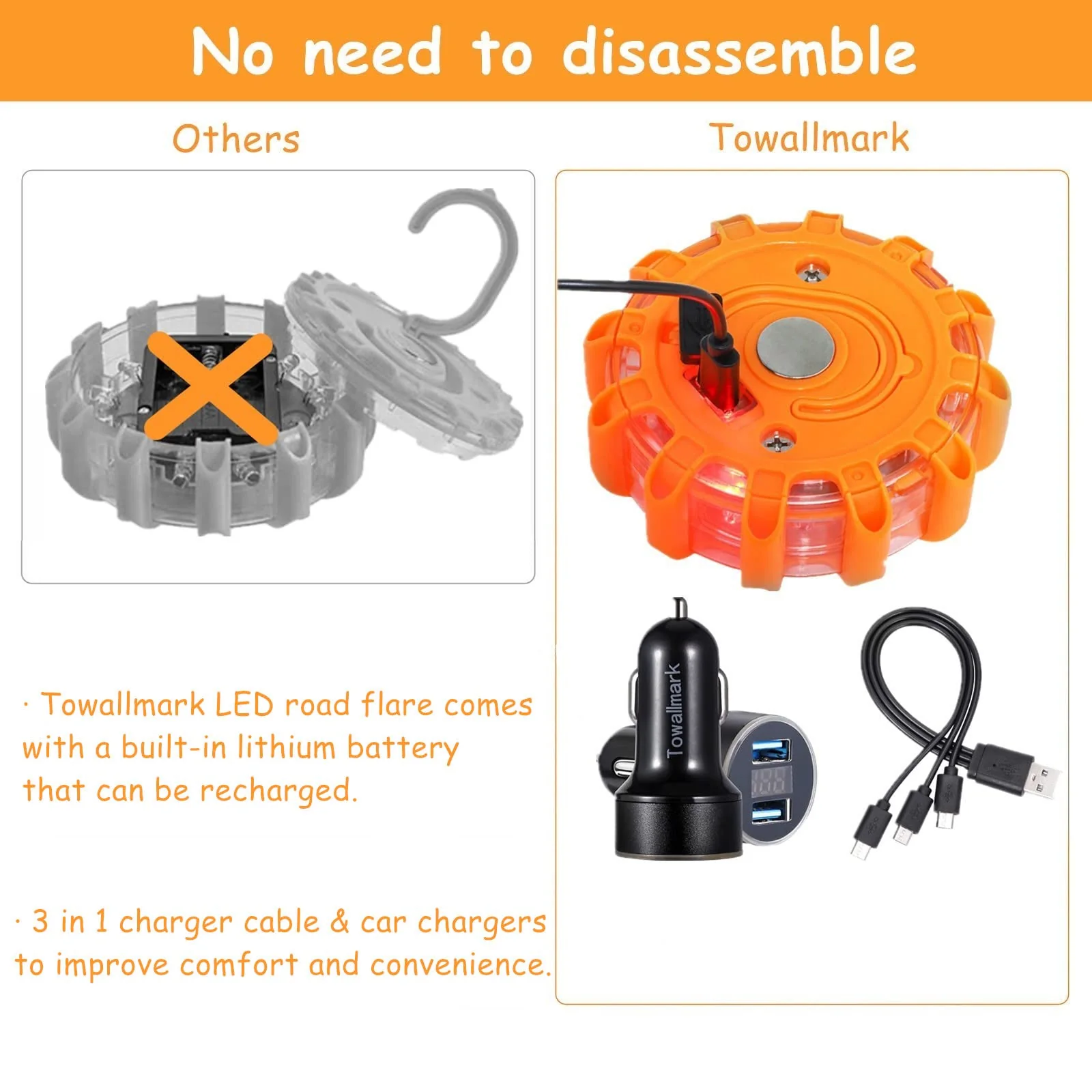Garvee 3 Pack USB Rechargeable LED Road Flares Emergency Lights Roadside Safety Beacon Disc Flashing Warning Flare Kit with 1 USB Car Charger,Magnetic Base & Hook for Car Truck Boats (Batteries Included) - Image 3