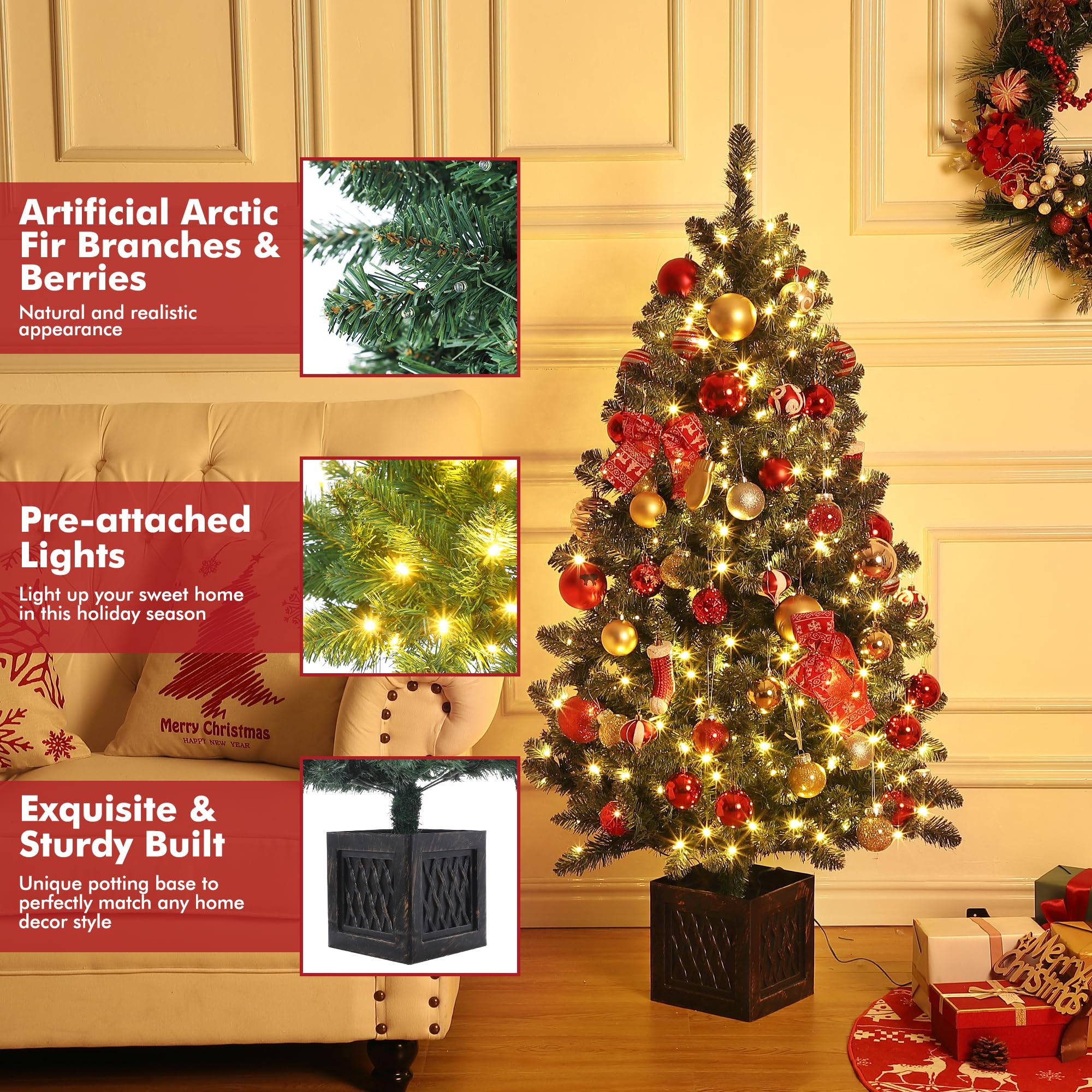 Garvee 4.5ft Christmas Tree with 300 LED Lights, 8 Lighting Modes, Pre-Lit Artificial Fiber Optic Xmas Tree, Potted Christmas Tree Decoration for Home, Office, and Hallways - Image 5