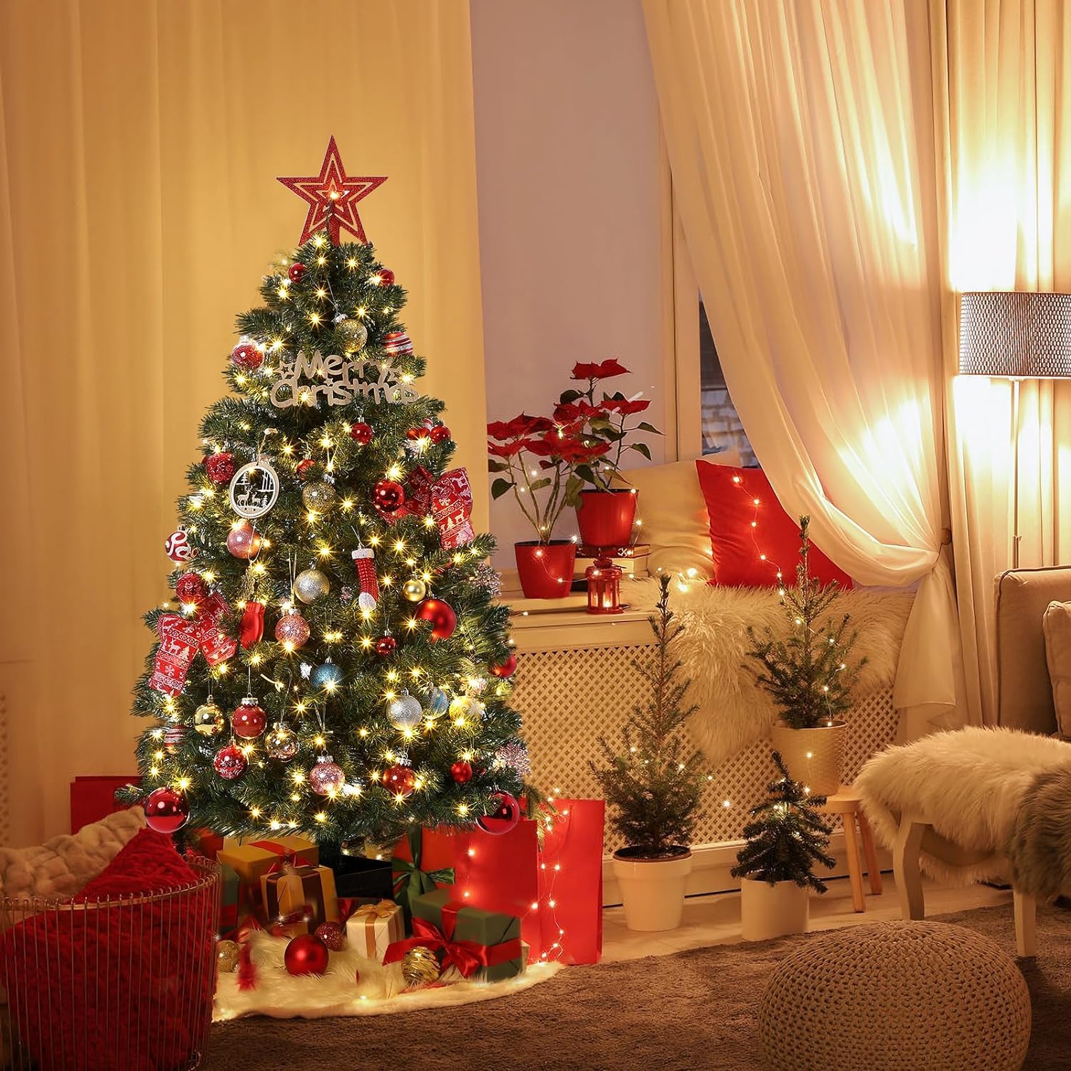 Garvee 4.5ft Christmas Tree with 300 LED Lights, 8 Lighting Modes, Pre-Lit Artificial Fiber Optic Xmas Tree, Potted Christmas Tree Decoration for Home, Office, and Hallways - Image 7