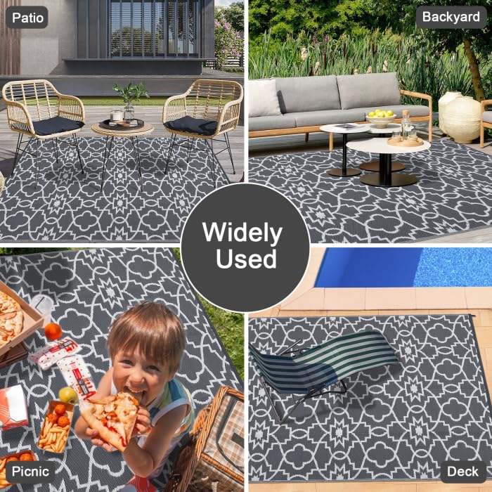 Garvee Outdoor Grey & White 8x10 Plastic Straw Rug, Waterproof Reversible Carpet for Camping, RV, Backyard, Deck, Beach - Image 4