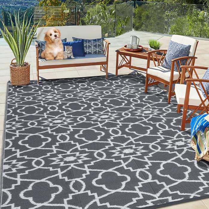 Garvee Outdoor Grey & White 8x10 Plastic Straw Rug, Waterproof Reversible Carpet for Camping, RV, Backyard, Deck, Beach - Image 7