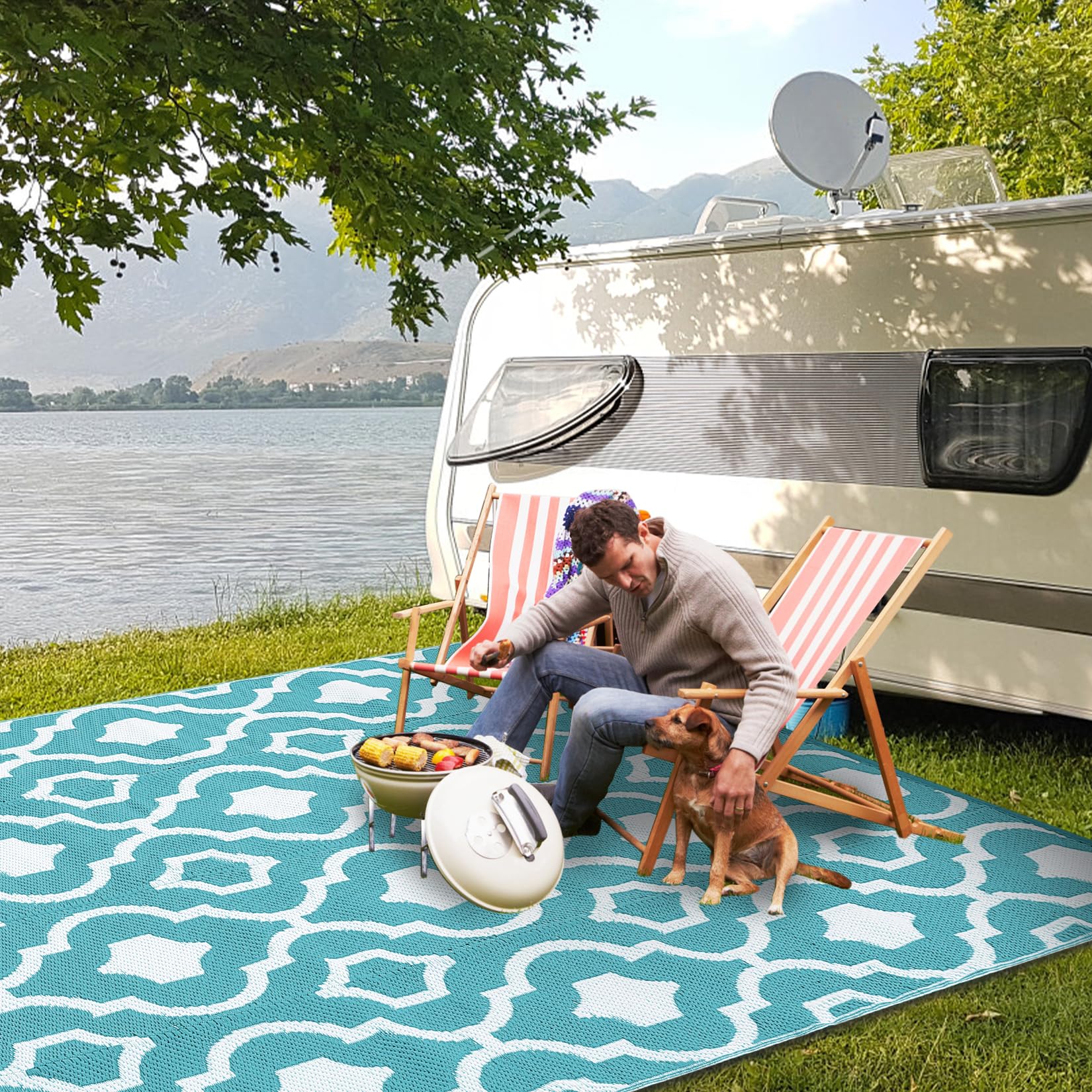 Garvee Outdoor Light Blue & White 8x10 Plastic Straw Rug, Waterproof UV Resistant Reversible Portable Carpet for Beach, Camping, Backyard, Balcony, RV, Patio - Image 6