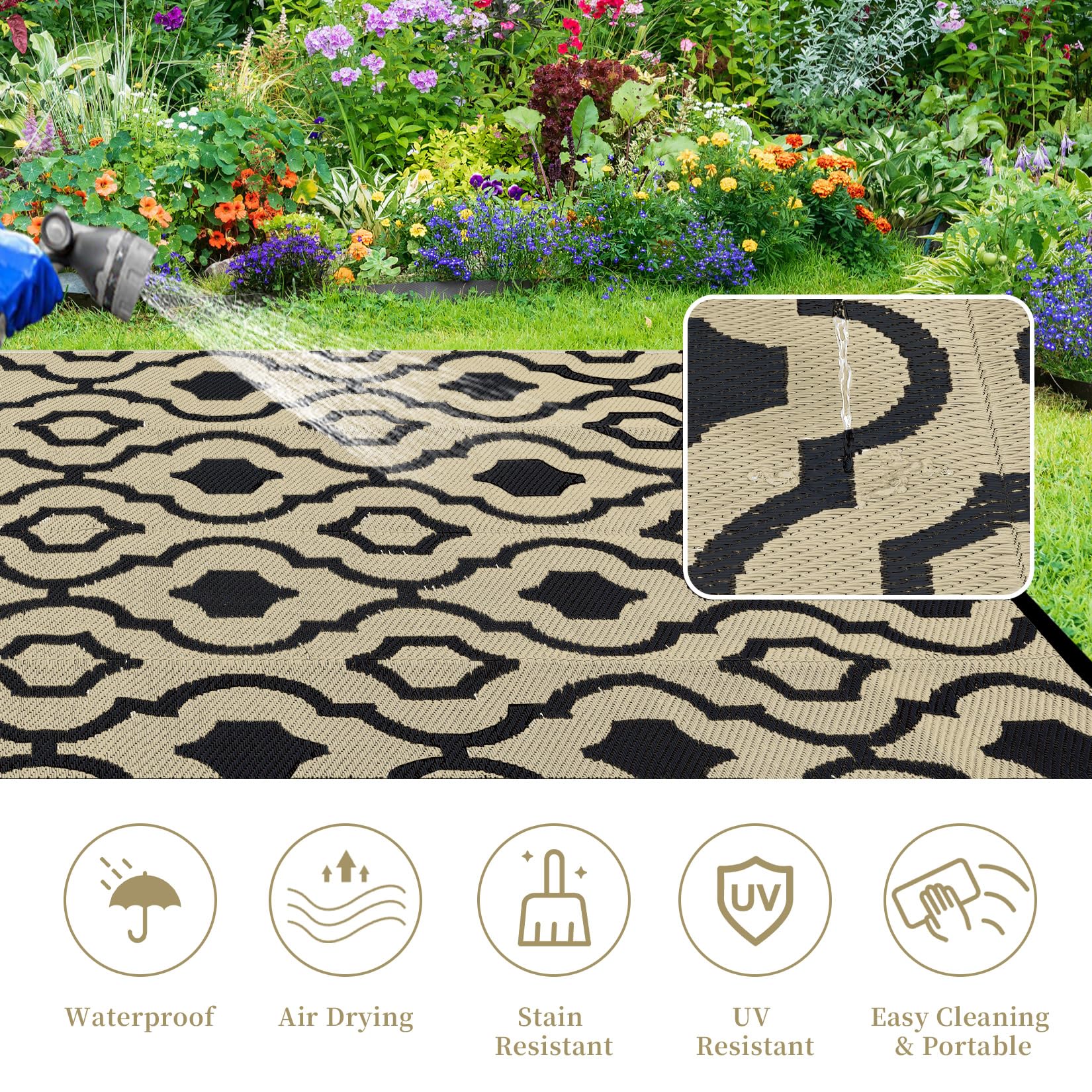 Garvee Outdoor Brown & Black 8x10 Plastic Straw Rug, Waterproof Reversible Portable Carpet for Camping, RV, Backyard, Patio, Balcony - Image 5