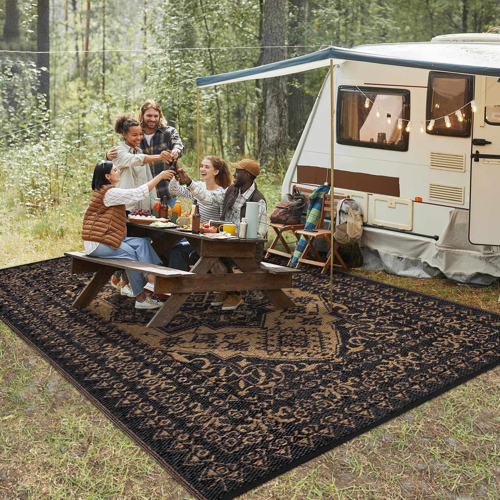 Garvee 8x10 Outdoor Rug Waterproof Reversible Plastic Straw Vintage Medallion Design Polypropylene Non-Slip Patio Camp RV Mat Balcony Deck - Image 9