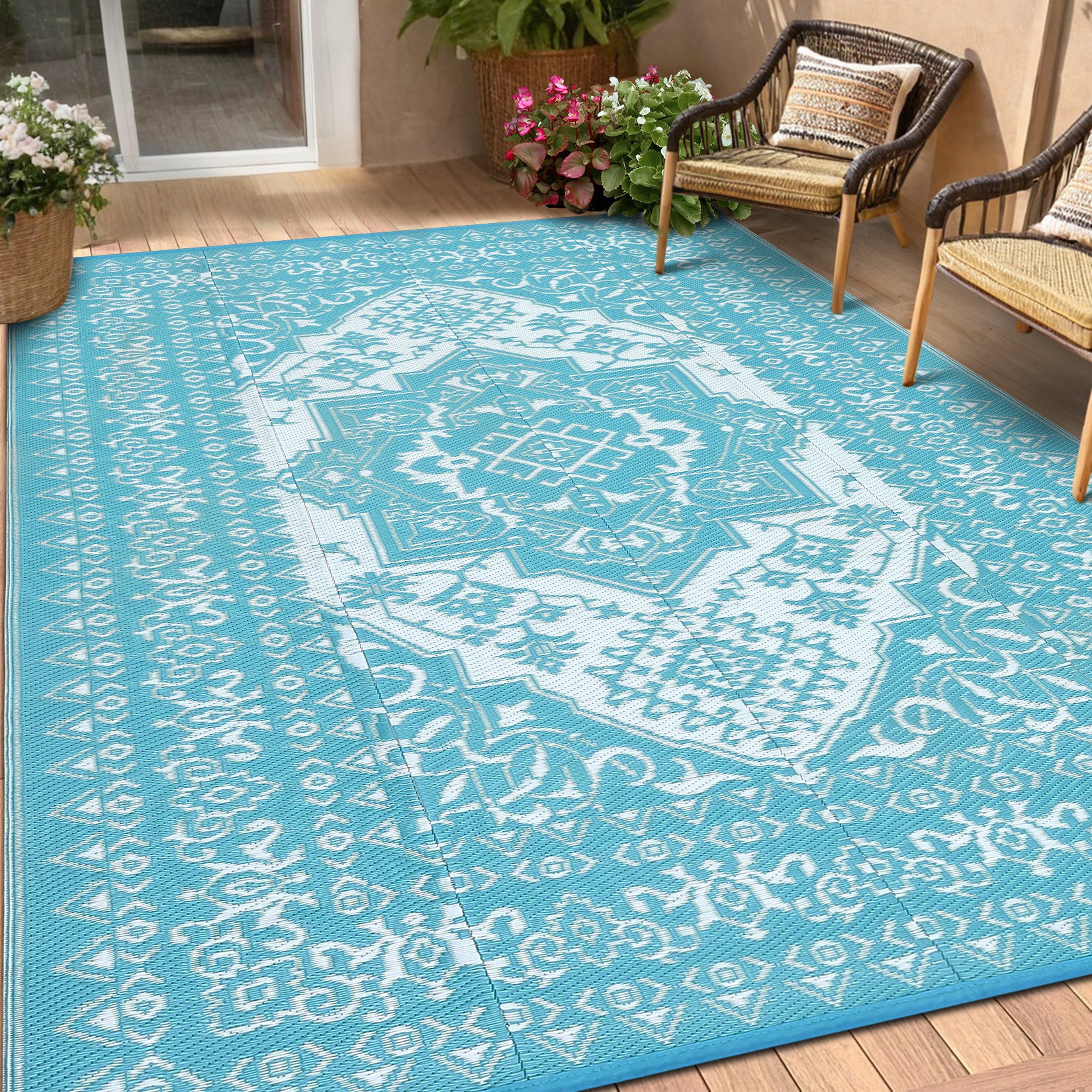 Garvee Outdoor Light Blue & White 8x10 Plastic Straw Rug, Waterproof Stain Resistant Reversible Carpet for Camping, Garden, Backyard, RV, Patio - Image 12