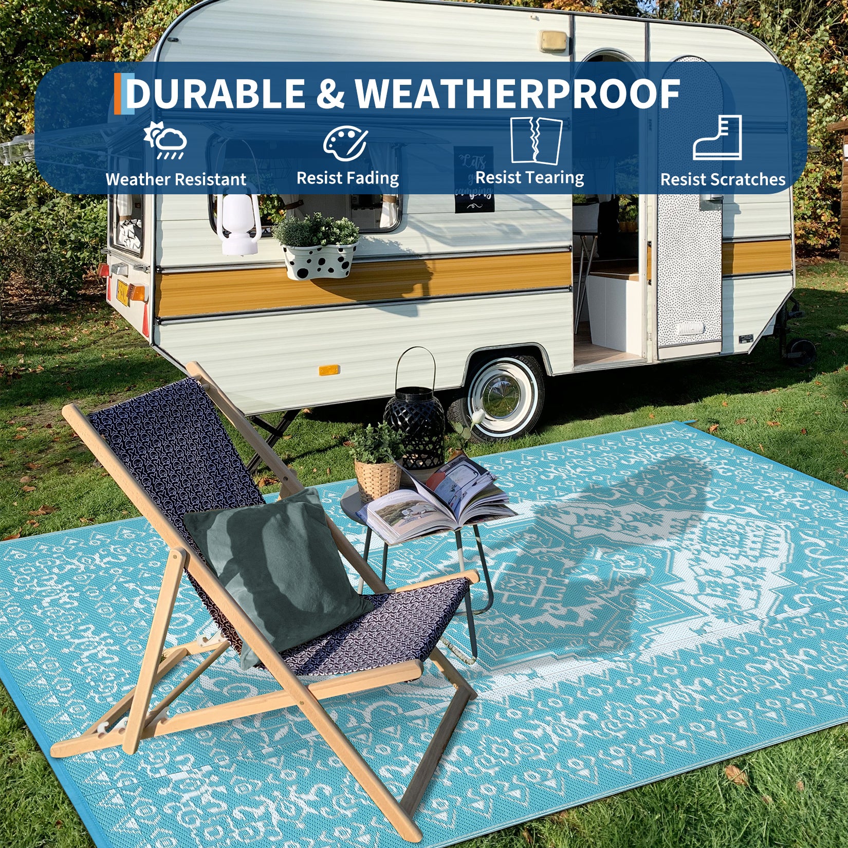 Garvee Outdoor Light Blue & White 8x10 Plastic Straw Rug, Waterproof Stain Resistant Reversible Carpet for Camping, Garden, Backyard, RV, Patio - Image 9