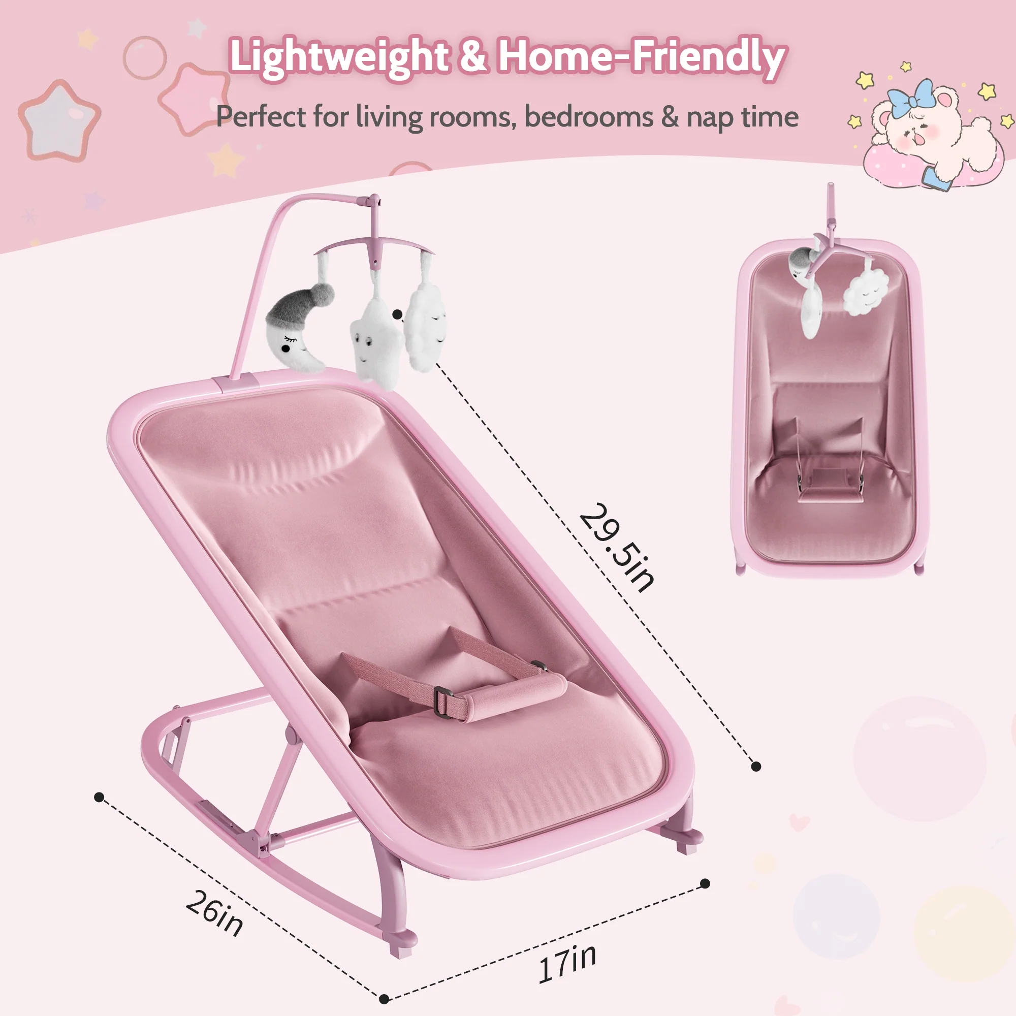 Garvee Aluminum Frame Baby Swing in Adjustable 3-Position Design with Toy Bar, Forward & Back Rocking and Lockable Stationary Mode for Infants, Pink - Image 8
