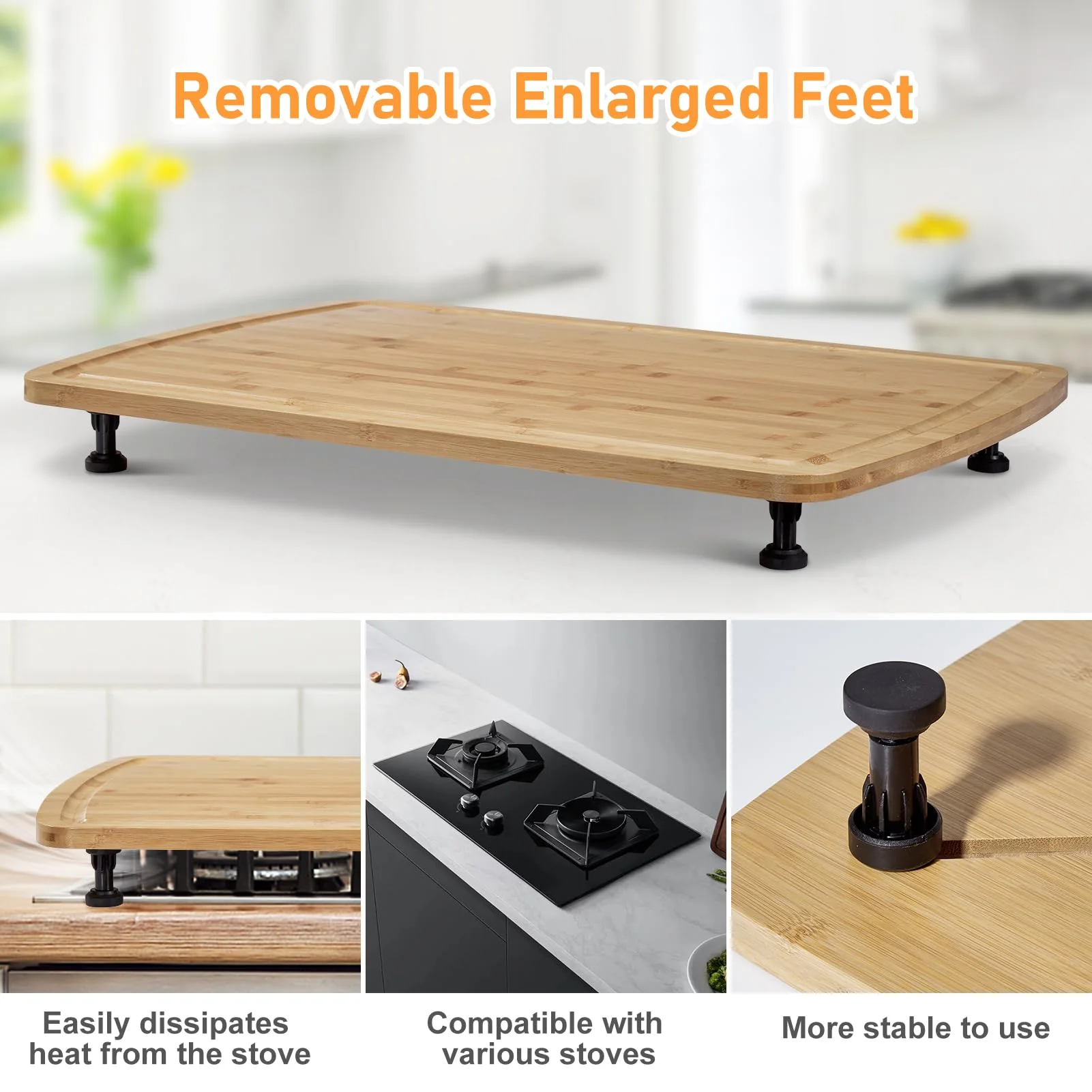 Garvee Bamboo Stovetop Cover, 30" x 20" Extra Large Countertop Cutting Board with Juice Grooves & Adjustable Legs, Dual-purpose Chopping Board for Electric Stove Burner, RV Camper Gas Cook Top Cover - Image 5