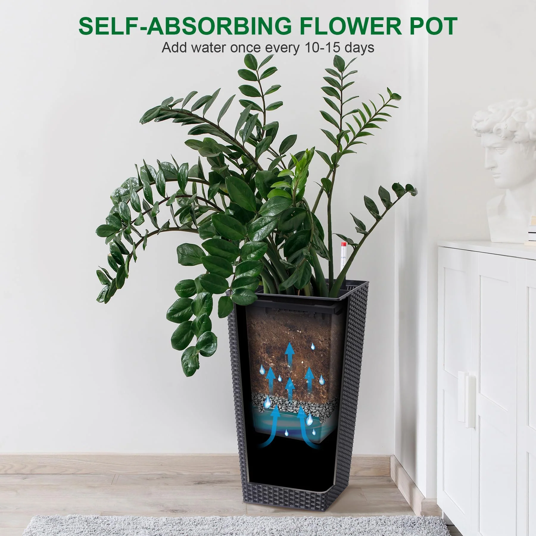 Garvee 23" Tall Planters Set of 2, Outdoor＆Indoor Planter Pots, High Front Porch Planter Pots with Drainage Holes＆Water Level Monitor＆Inner Bucket, Automatic Watering, Convenience Instill, Black - Image 3