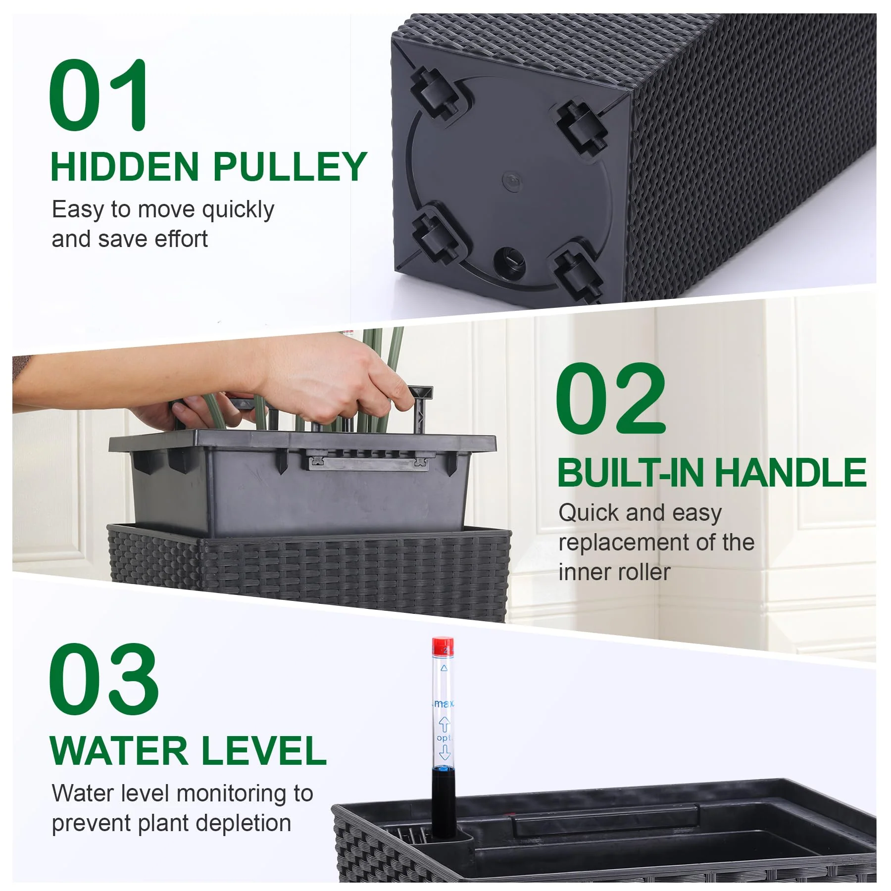 Garvee 23" Tall Planters Set of 2, Outdoor＆Indoor Planter Pots, High Front Porch Planter Pots with Drainage Holes＆Water Level Monitor＆Inner Bucket, Automatic Watering, Convenience Instill, Black - Image 5