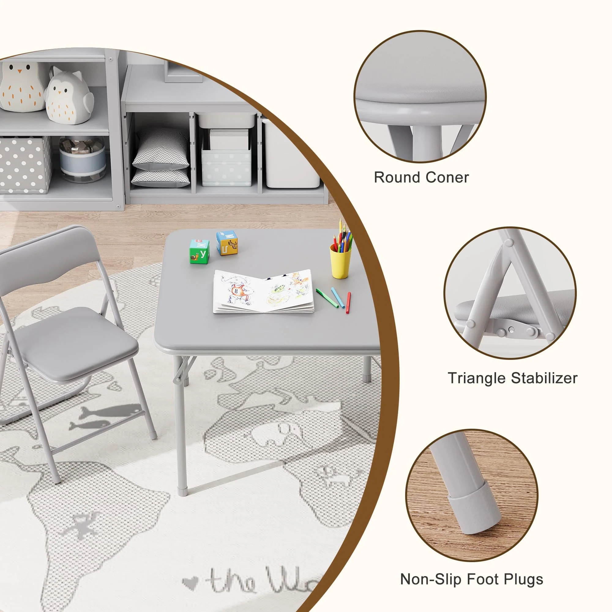 Garvee Boys and Girls Folding Table and Chairs Set of 3, Portable Table and Chair with Pu Soft Cushion, No Installation Required, Suitable for Eating, Reading and Playing, Grey - Image 4