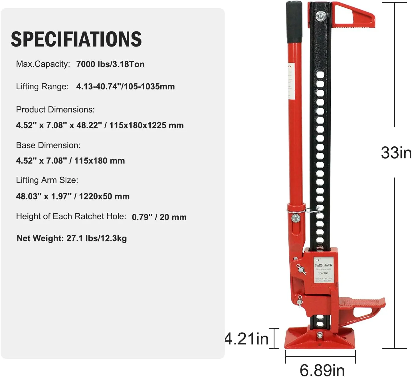 Garvee 3 Ton Farm Jack, 33" Utility Farm Jack, 6600 Lbs Capacity Ratcheting Off Road Utility Jack, Heavy-Duty Farm Jack Foratv, Utv, SUV, Tractor, Truck, Universal Jack - Image 5