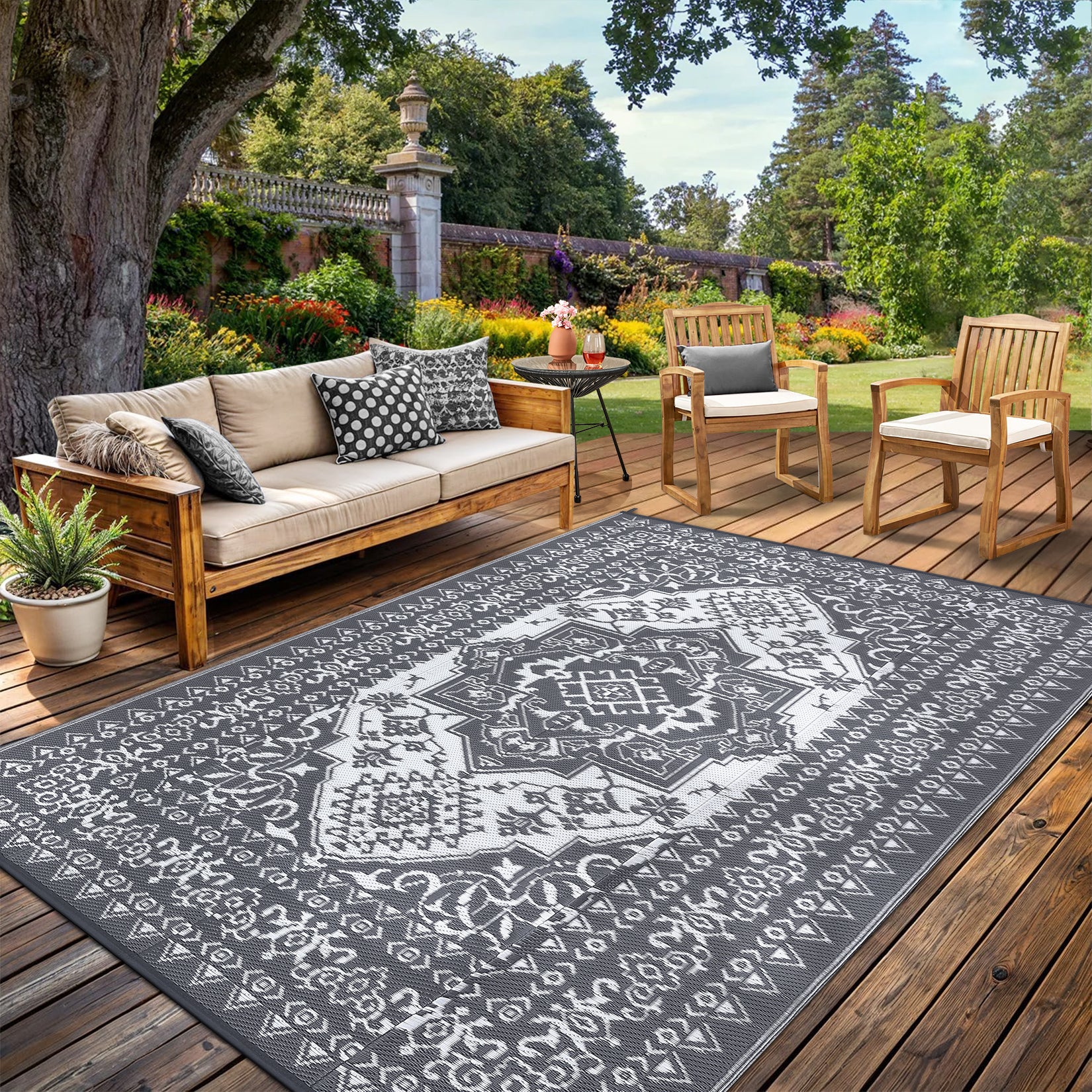 Garvee Outdoor Grey & White 8x10 Plastic Straw Rug, Waterproof Stain Resistant Reversible Carpet for Camping, Garden, Backyard, RV, Patio - Image 10