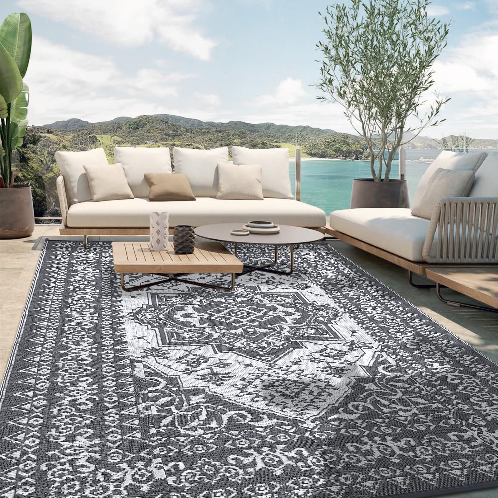 Garvee Outdoor Grey & White 8x10 Plastic Straw Rug, Waterproof Stain Resistant Reversible Carpet for Camping, Garden, Backyard, RV, Patio - Image 11