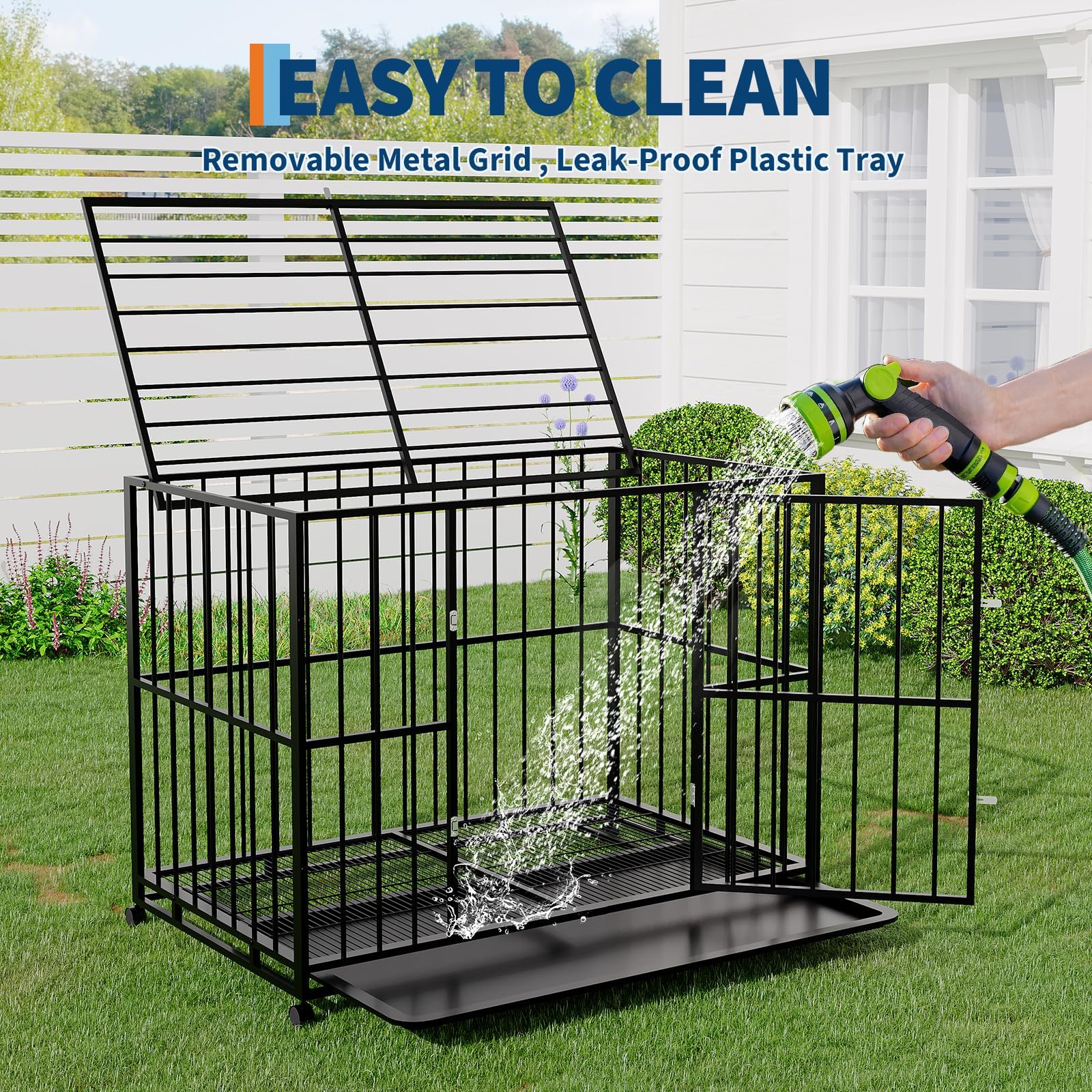 Garvee 42 Inch Dog Crate for Medium Sized Dogs, Heavy Duty Stainless Steel Dog Kennel Escape-Proof with Wheels and Removable Tray, Indestructible Dog Cage Stackable for High Anxiety Dogs - Image 5