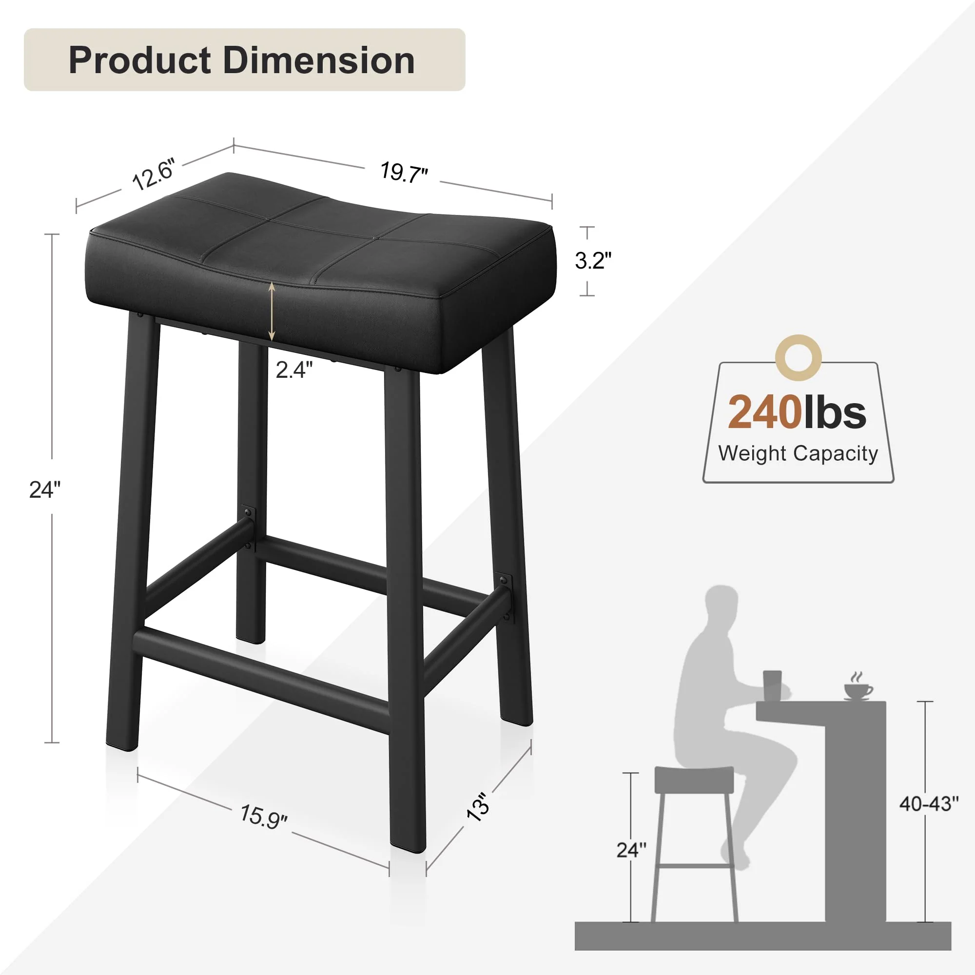 Garvee 24 Inch Backless Saddle Barstools Set of 2, Counter Height Upholstered Padded Barstools with Curved Surface, Metal Leg and Footrest, for Kitchen Counter, Home Bar (Black) - Image 3
