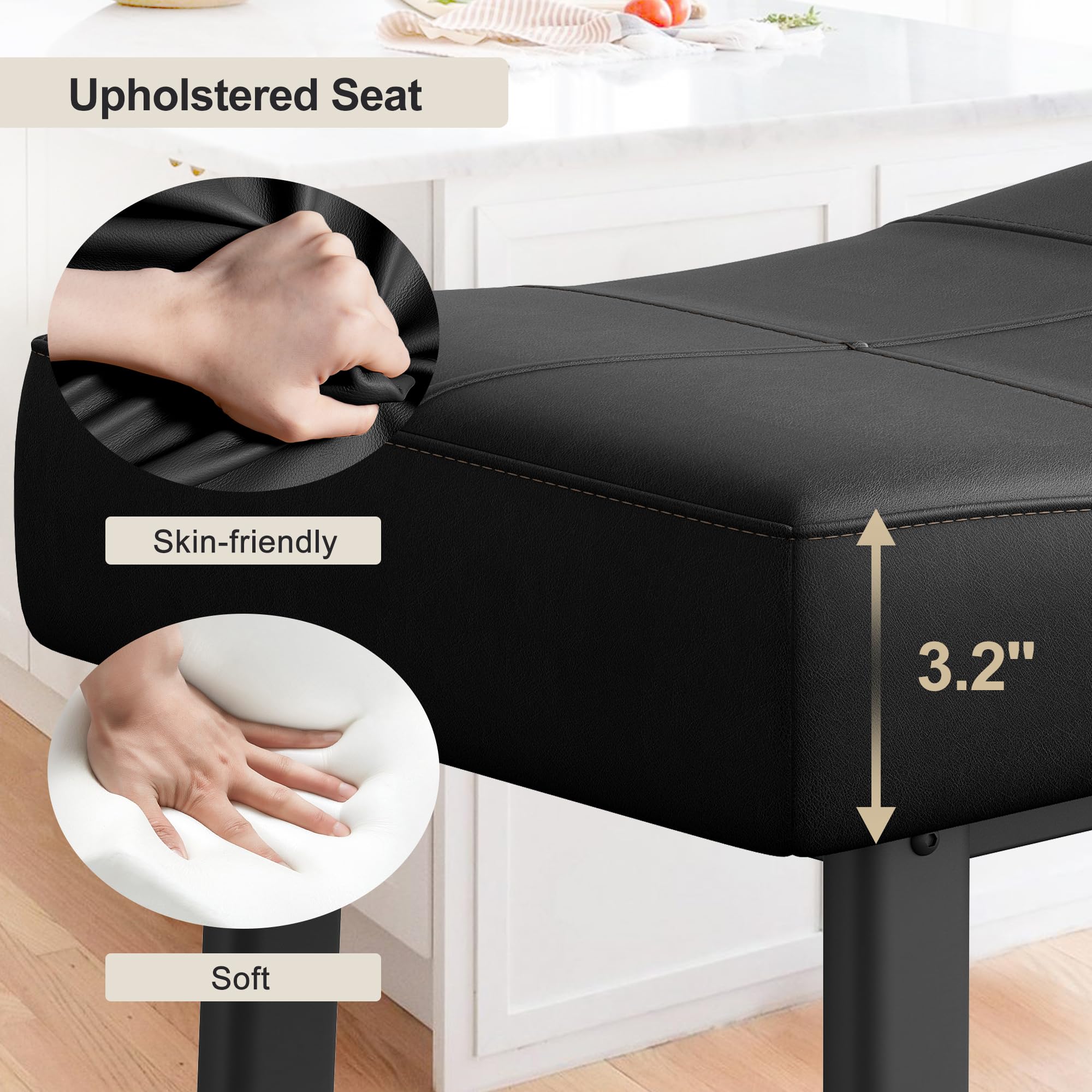 Garvee 24 Inch Backless Saddle Barstools Set of 2, Counter Height Upholstered Padded Barstools with Curved Surface, Metal Leg and Footrest, for Kitchen Counter, Home Bar (Black) - Image 4