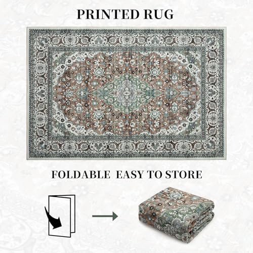 Garvee Oriental Green 4x6 Living Room Modern Rug Medallion Distressed Rugs for Bedroom Office Boho Washable Area Rugs Vintage Carpet Bohemian Farmhouse Floor Cover Green - Image 4