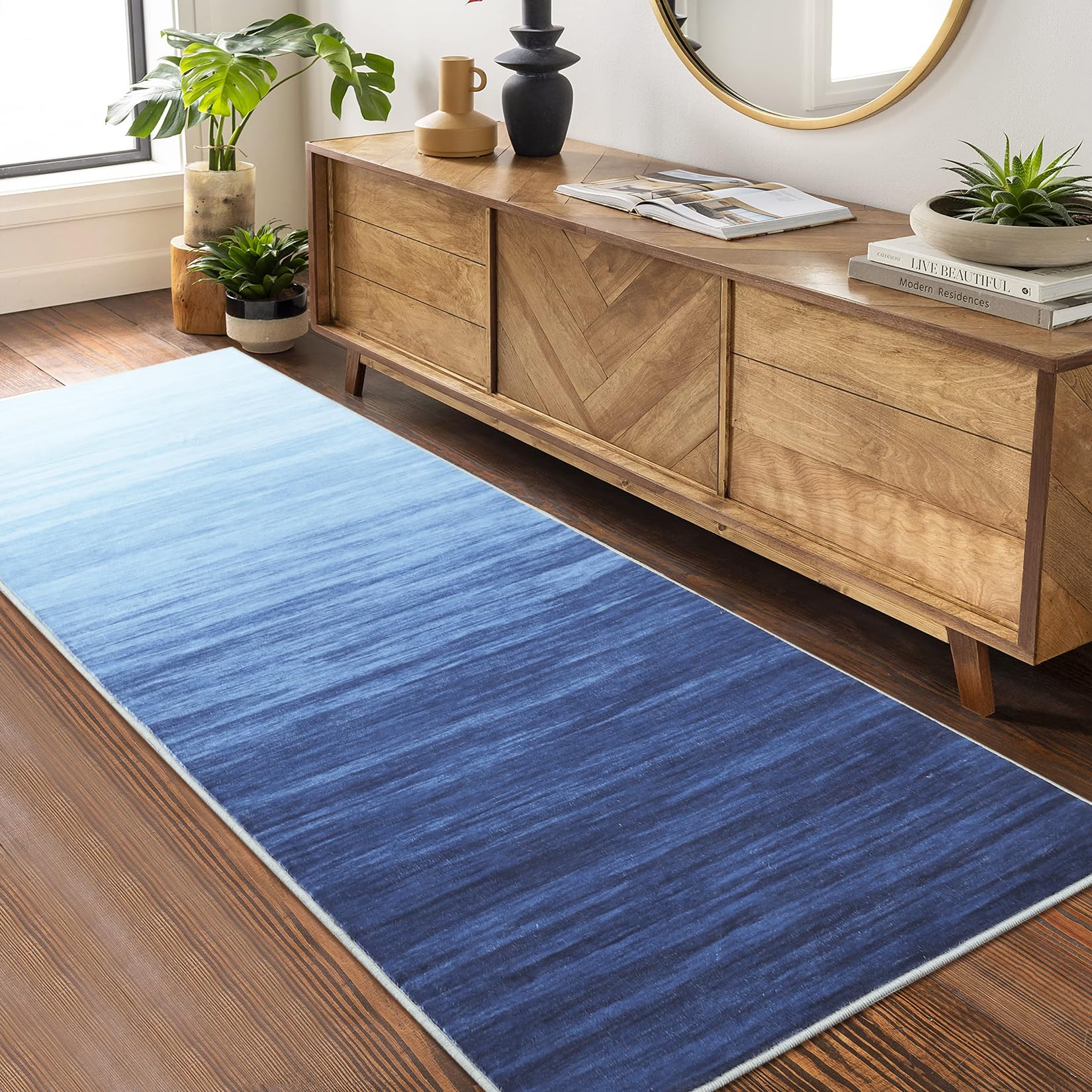 Garvee Modern Blue 2x6 Washable Area Rugs Runner Rugs for Hallway Living Room Abstract Ombre Rug Modern Kitchen Rugs with Rubber Backing Vintage Carpet Bedroom Rug Blue Office Rug Entryway Floor Cover - Image 8