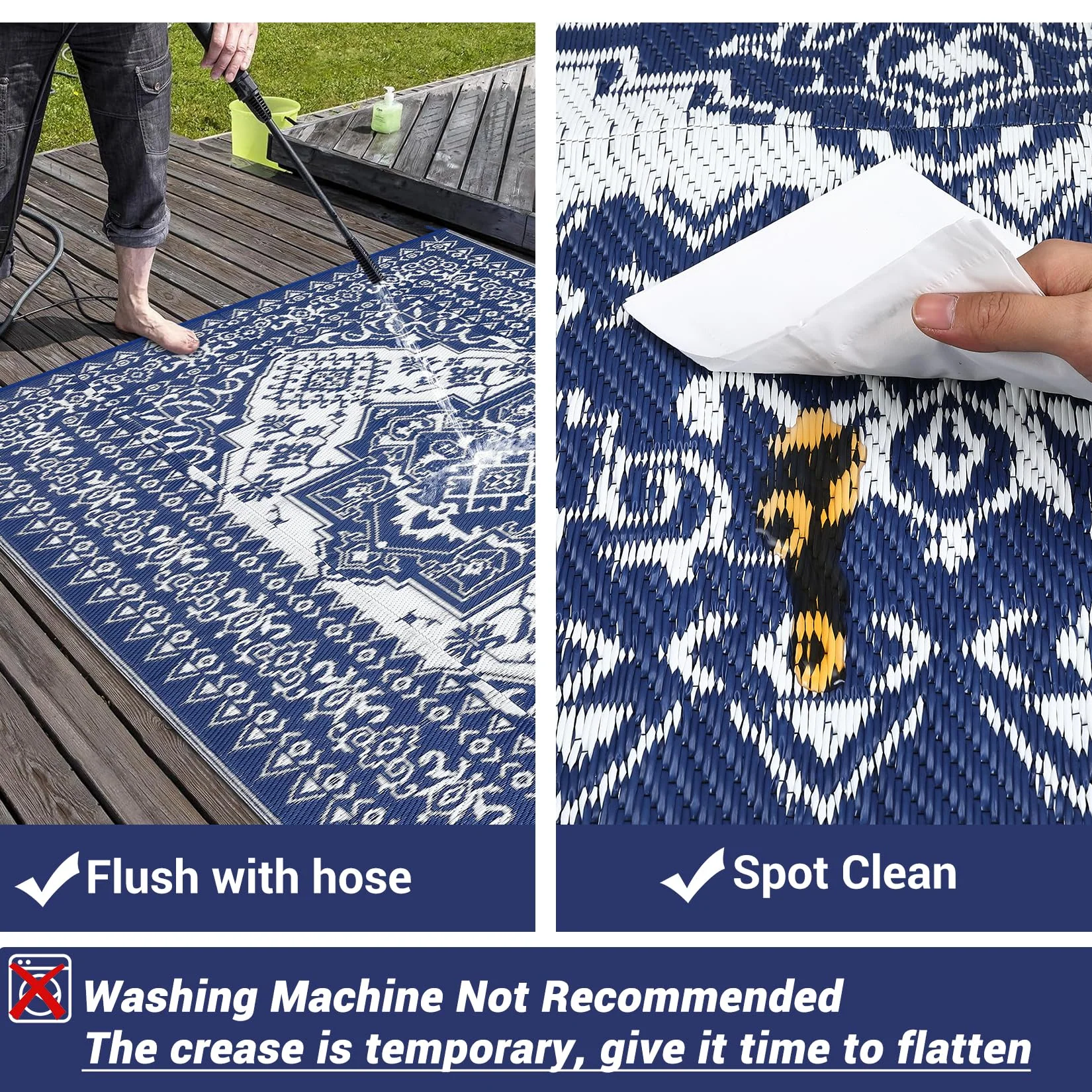 Garvee Outdoor Navy Blue & White 8x10 Plastic Straw Rug, Waterproof Stain Resistant Reversible Carpet for Camping, Backyard, RV, Patio - Image 4