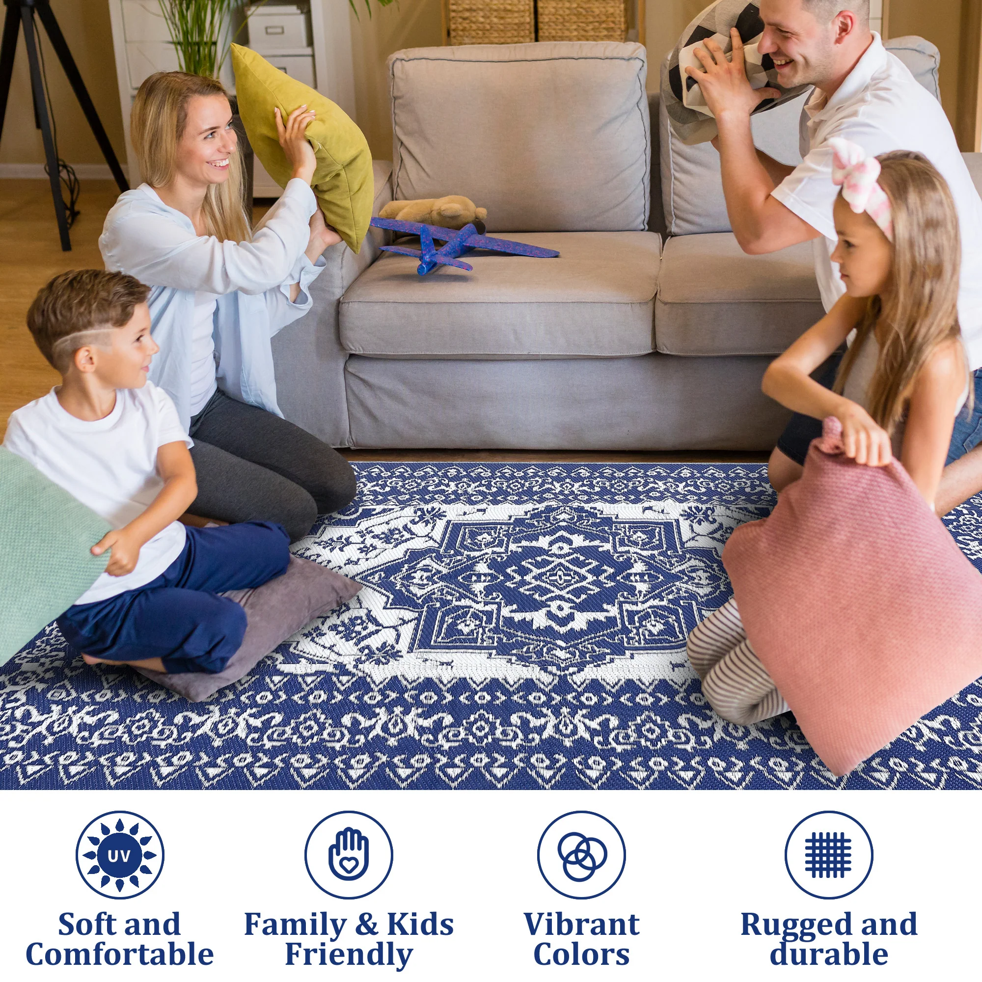 Garvee Outdoor Navy Blue & White 9x12 Plastic Straw Rug, Waterproof Stain Resistant Reversible Carpet for Camping, Backyard, RV, Patio - Image 3
