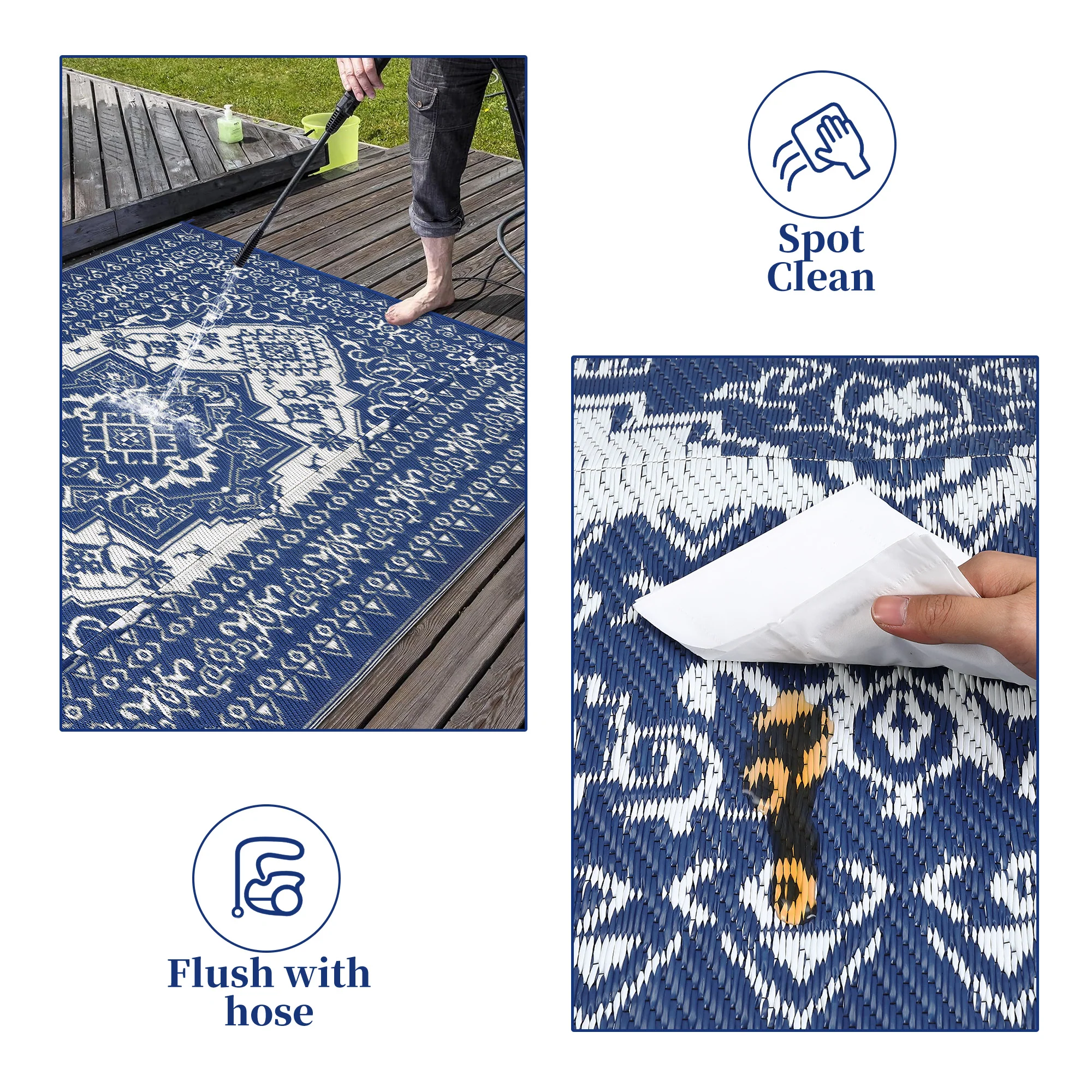 Garvee Outdoor Navy Blue & White 9x12 Plastic Straw Rug, Waterproof Stain Resistant Reversible Carpet for Camping, Backyard, RV, Patio - Image 5