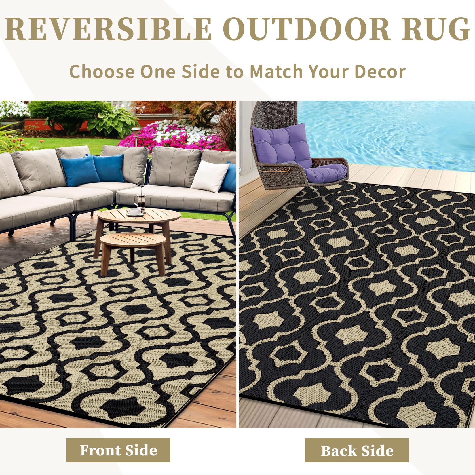 Garvee Outdoor Brown & Black 9x12 Plastic Straw Rug, Waterproof Reversible Portable Carpet for Camping, RV, Backyard, Patio, Balcony - Image 3