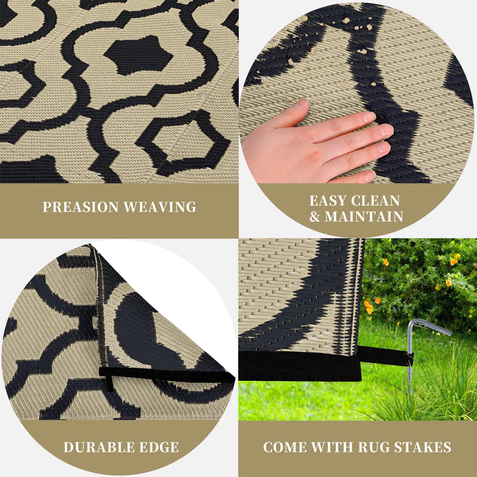 Garvee Outdoor Brown & Black 9x12 Plastic Straw Rug, Waterproof Reversible Portable Carpet for Camping, RV, Backyard, Patio, Balcony - Image 5
