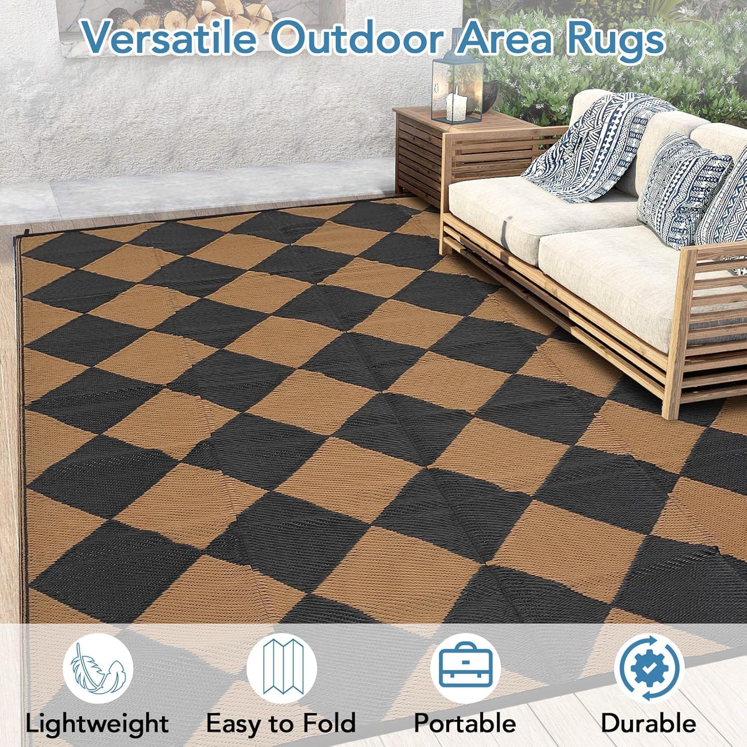 Garvee Outdoor Black & Brown 9x12 Rug Waterproof Reversible Outdoor Plastic Straw Rug with 4 Stakes & Portable Bag Boho Patio Rugs Carpet RV Mat Outside for Patio Camp Balcony Deck Picnic - Image 6