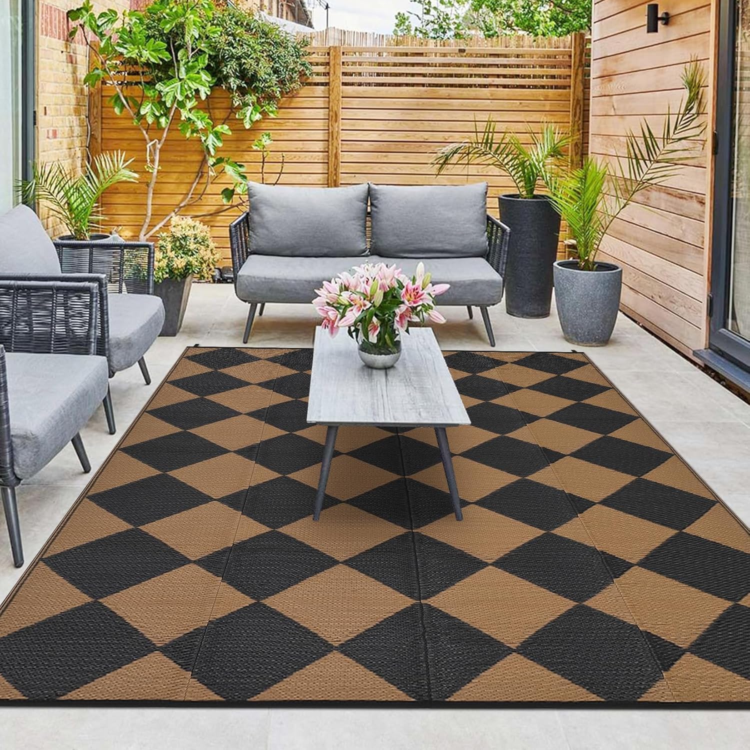 Garvee Outdoor Black & Brown 9x12 Rug Waterproof Reversible Outdoor Plastic Straw Rug with 4 Stakes & Portable Bag Boho Patio Rugs Carpet RV Mat Outside for Patio Camp Balcony Deck Picnic - Image 7