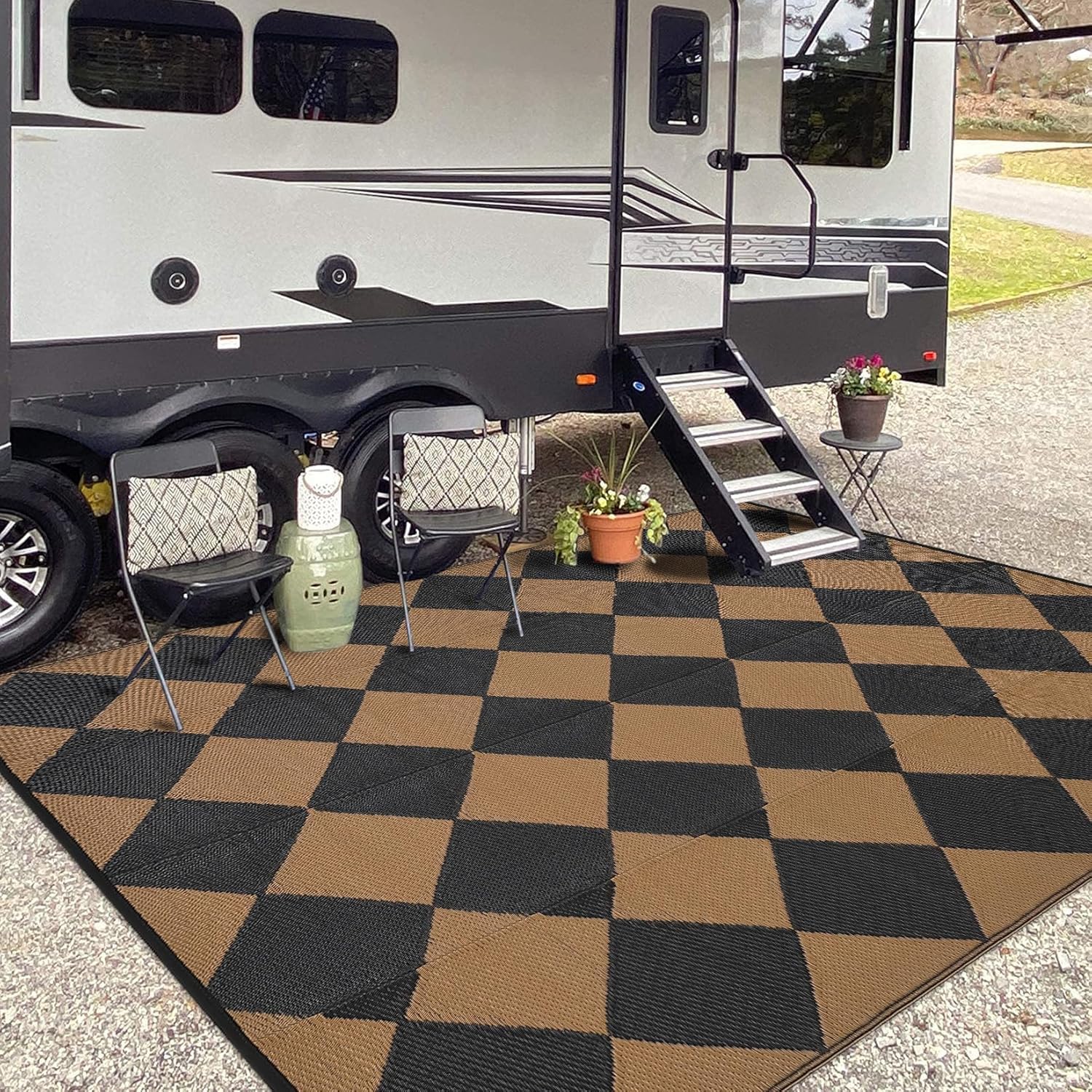Garvee Outdoor Black & Brown 9x12 Rug Waterproof Reversible Outdoor Plastic Straw Rug with 4 Stakes & Portable Bag Boho Patio Rugs Carpet RV Mat Outside for Patio Camp Balcony Deck Picnic - Image 9