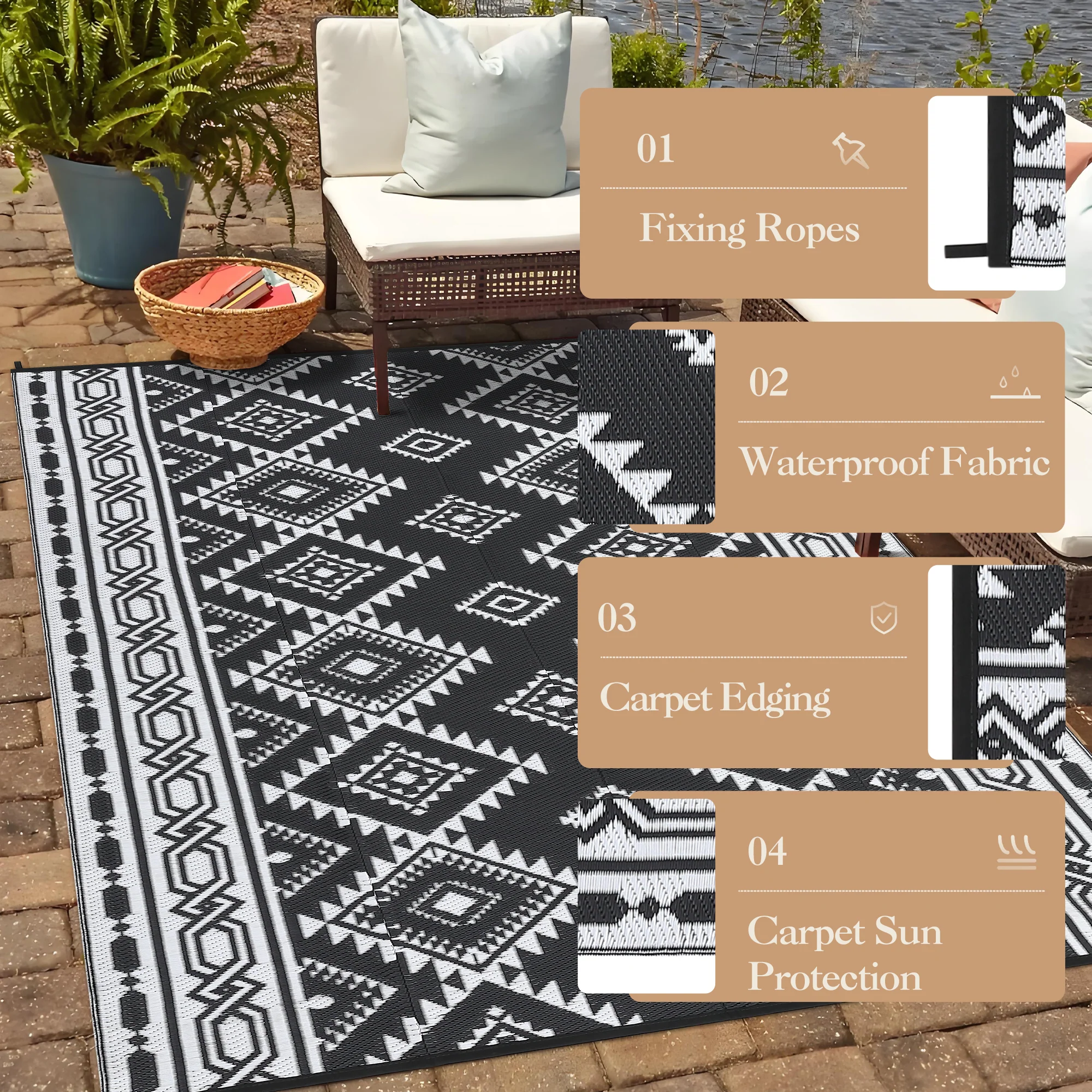 Garvee Outdoor Black & White 8x10 Plastic Straw Rug, Modern Area Rug, Large Floor Mat for Outdoors, RV, Patio, Backyard, Deck, Picnic, Beach, Trailer, Camping, Porch, Balcony - Image 7
