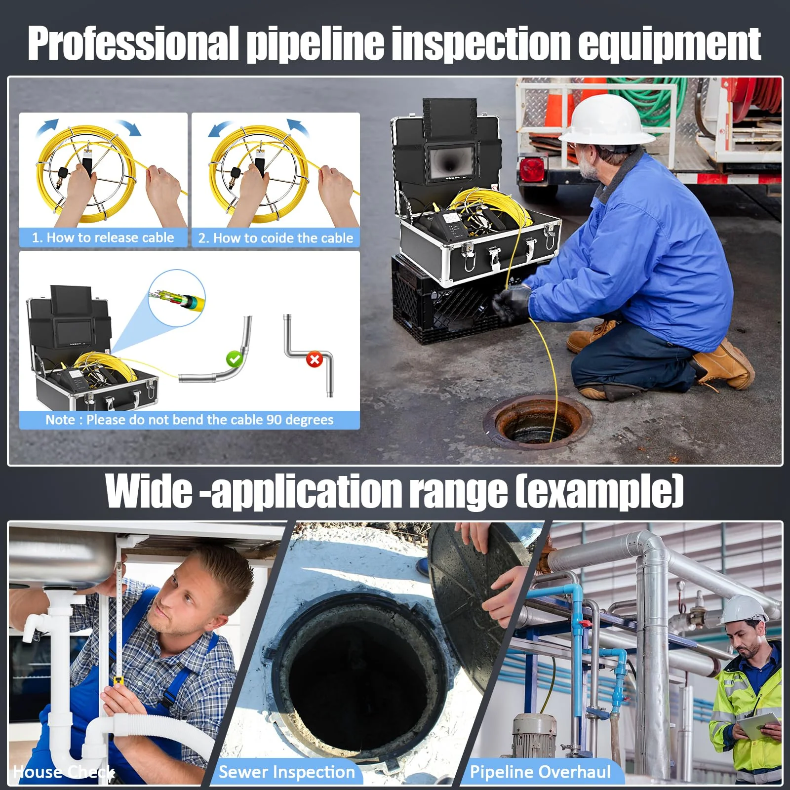 Garvee Sewer Inspection Camera, 100ft/30m with 7" LCD Monitor and DVR, IP68 Waterproof Pipe Inspection Camera with 12 LED Lights, Sewer Drain Camera for Plumbers and Homeowners - Image 7