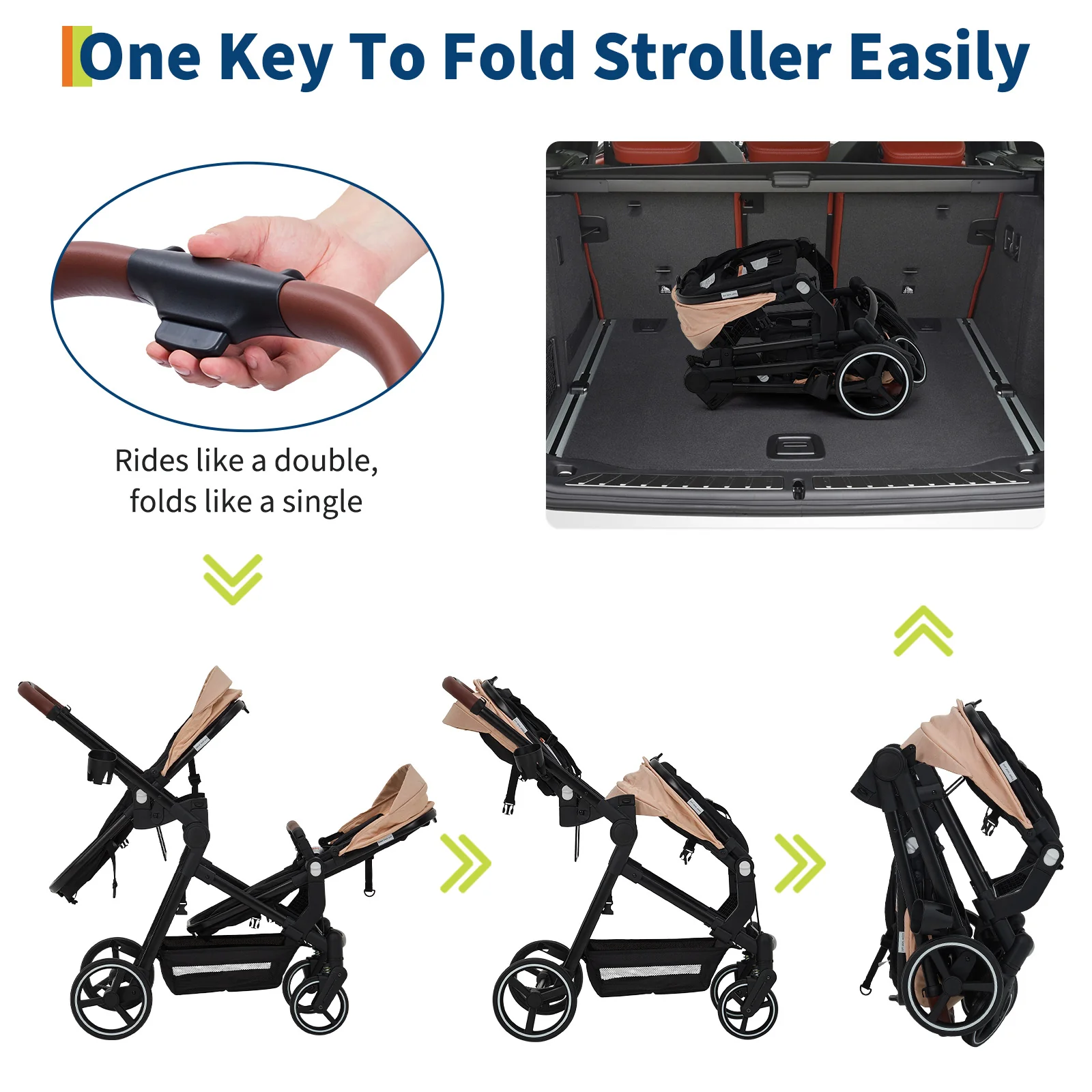 Garvee Foldable Double Baby Stroller in Multi-Position Reversible Design with Adjustable Backrest, Storage Basket and Canopy for Infant and Toddler, Khaki - Image 5