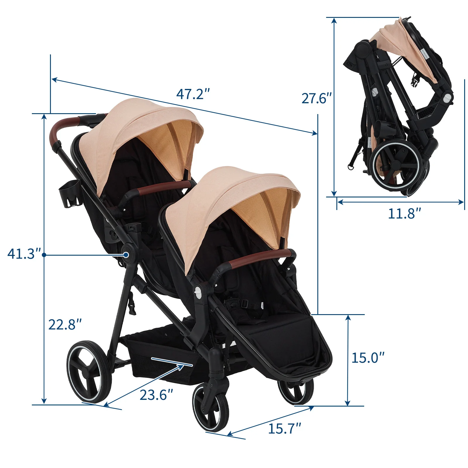 Garvee Foldable Double Baby Stroller in Multi-Position Reversible Design with Adjustable Backrest, Storage Basket and Canopy for Infant and Toddler, Khaki - Image 8