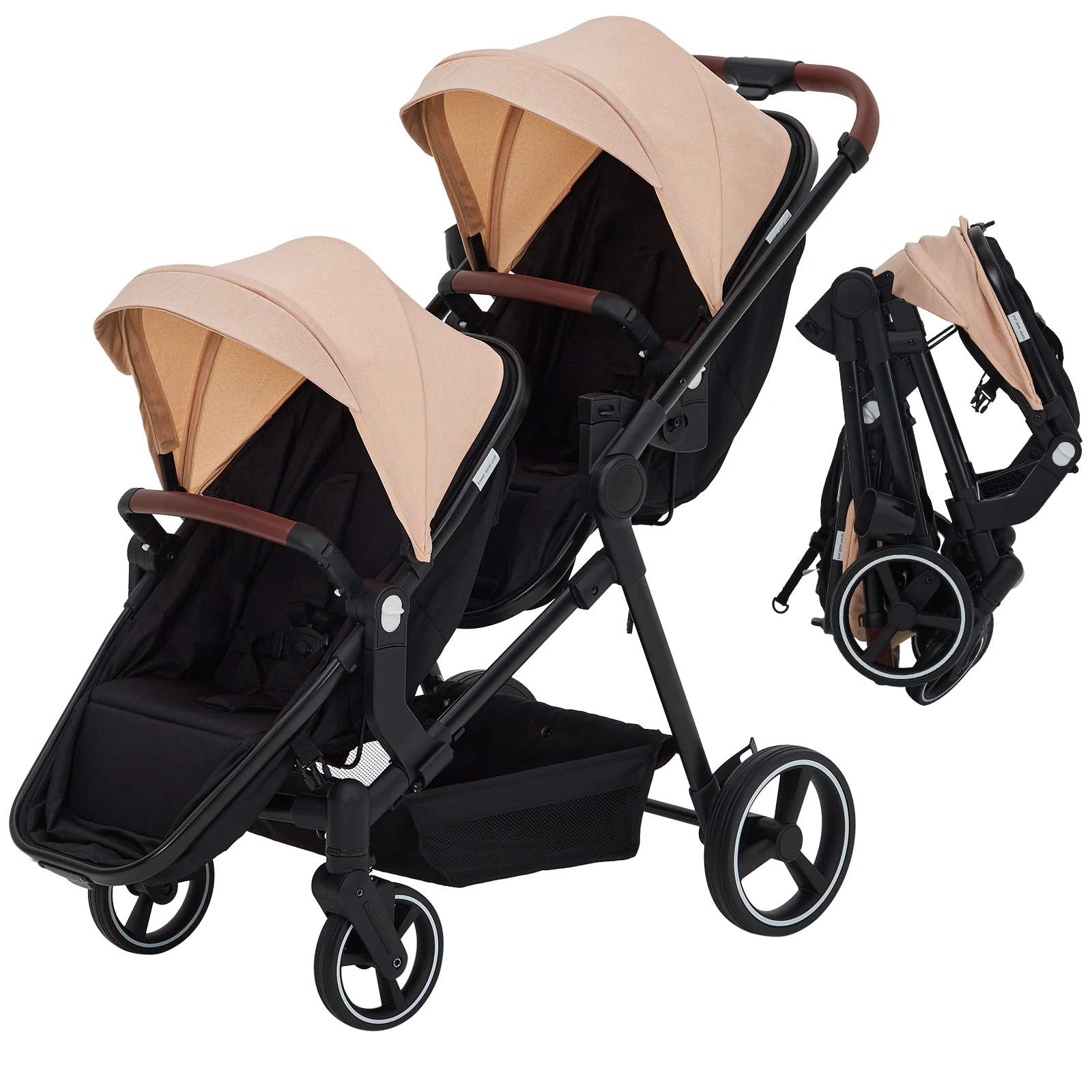 Garvee Foldable Double Baby Stroller in Multi-Position Reversible Design with Adjustable Backrest, Storage Basket and Canopy for Infant and Toddler, Khaki - Image 9