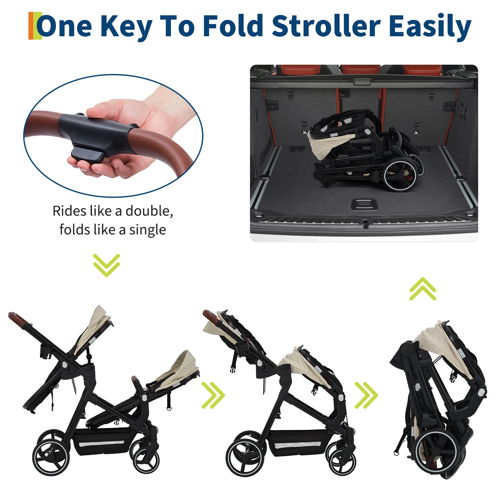 Garvee Foldable Double Baby Stroller in Multi-Position Reversible Design with Adjustable Backrest, Storage Basket and Canopy for Infant and Toddler, Beige - Image 5