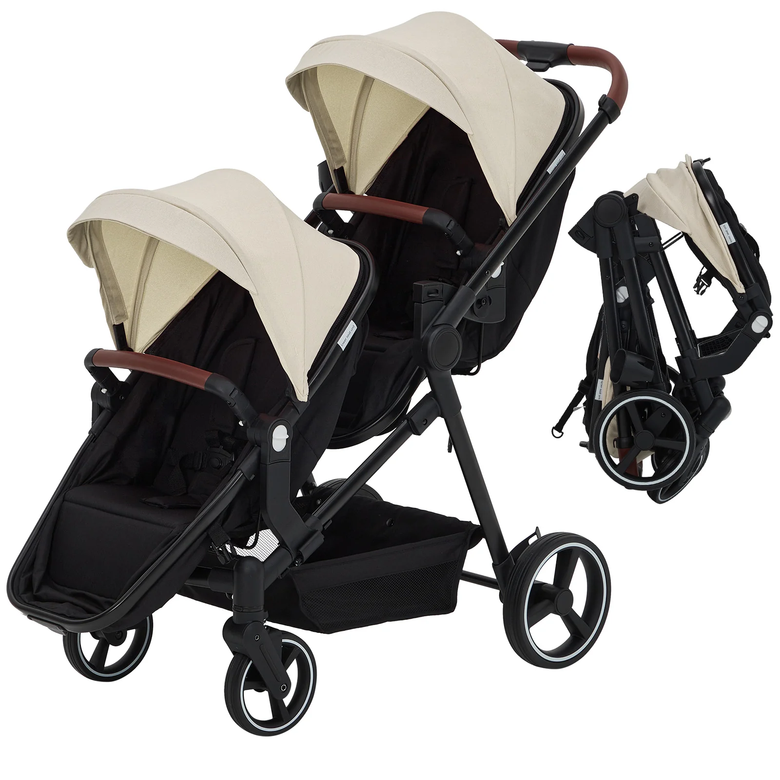 Garvee Foldable Double Baby Stroller in Multi-Position Reversible Design with Adjustable Backrest, Storage Basket and Canopy for Infant and Toddler, Beige - Image 9