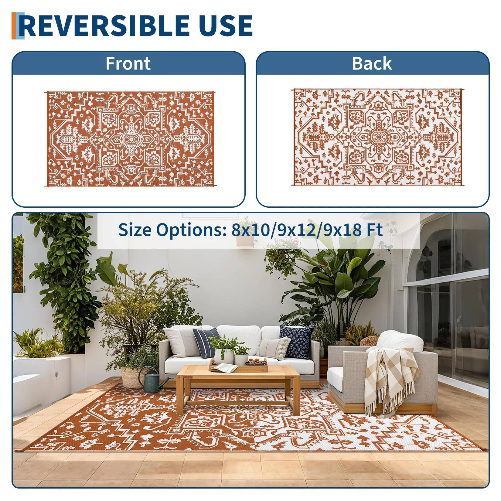 Garvee Waterproof Outdoor Rug 8x10 Reversible Plastic Straw UV-Resistant Durable Lightweight Portable for Patio Camping RV Beach Deck - Image 3