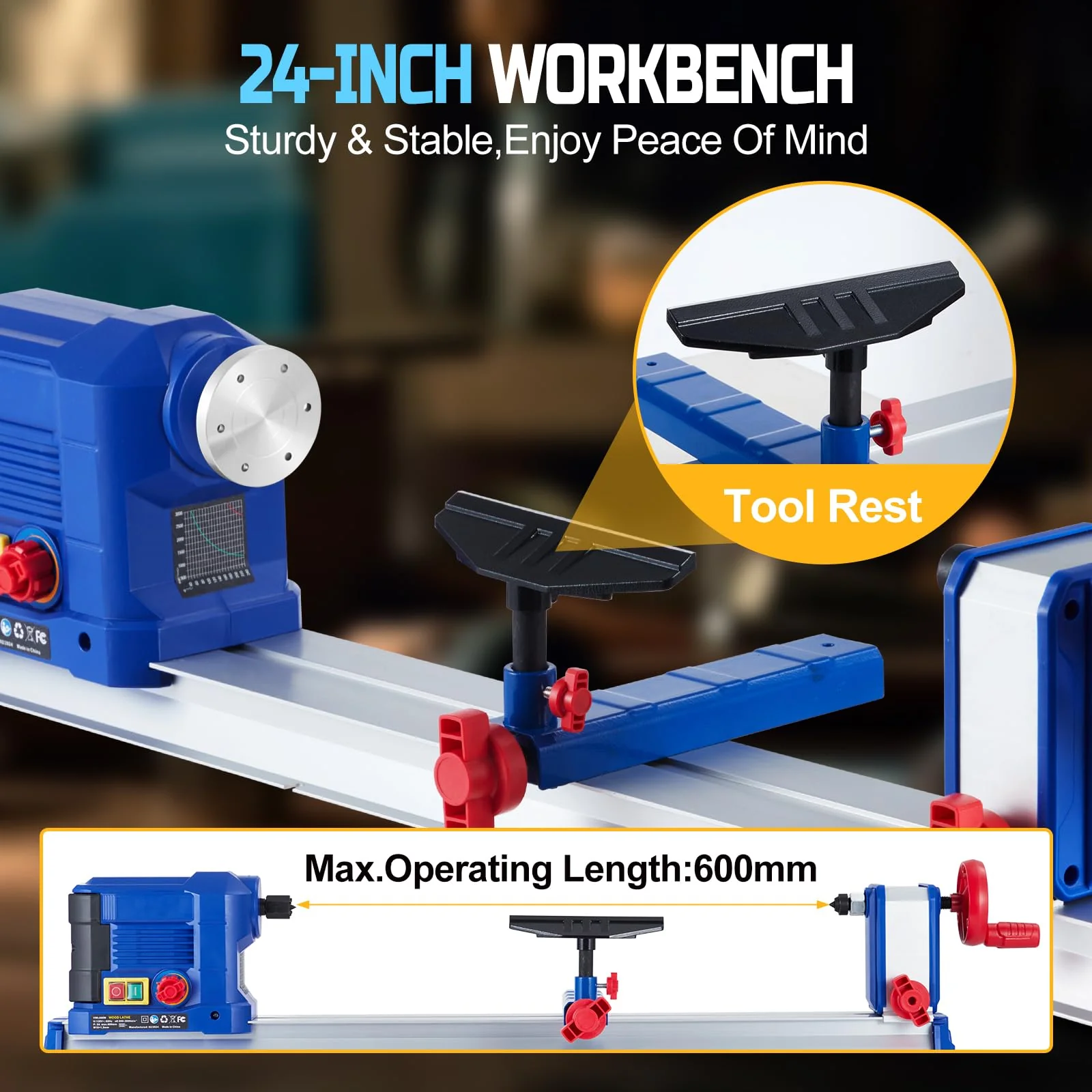 Garvee Wood Lathe, 10" x 24" Benchtop Wood Lathe Machine 0.8 HP 600W Infinitely Variable Speed 800-3000 RPM, Wood Turning Lathe Machine with Wrench & 2 Chisels for Woodworking, Woodturning - Image 4